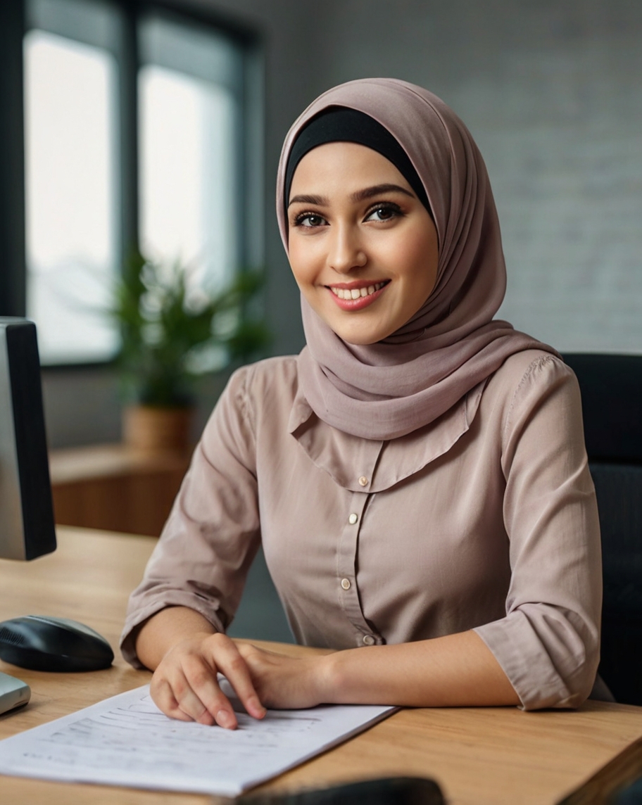 Leonardo_Kino_XL_Women_with_hijab_as_customer_service_sitting_1